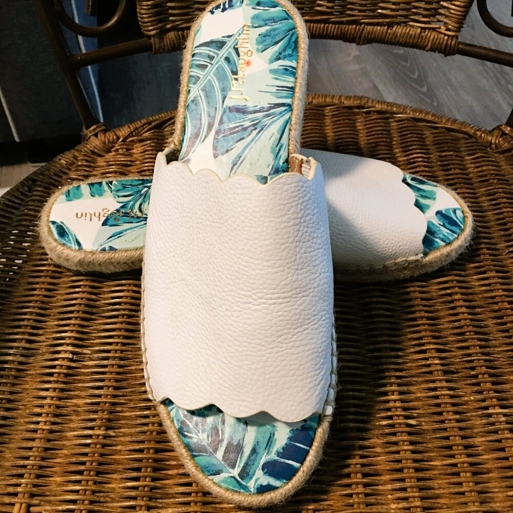 J Mclaughlin Espadrille Sandals Pebbled White Leather Tropical footbeds Sz 11 M